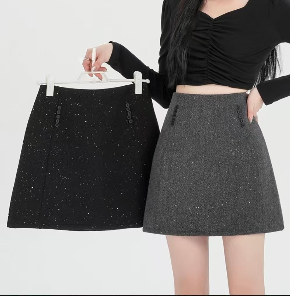 大码复古加厚毛呢半身裙女2025冬季新款亮闪闪高腰显瘦A字短裙子