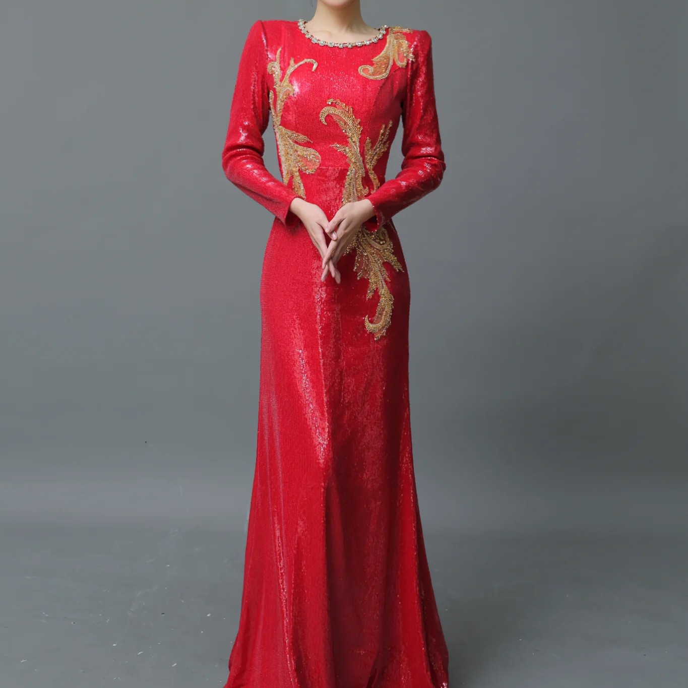 红色亮片主持人礼服端庄大气学生民歌大合唱演出服长袖秋冬高级感