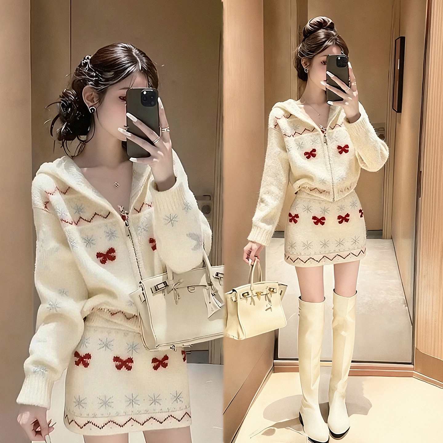 2025秋冬新款甜美小香风套装针织衫毛衣减龄包臀高级感短裙套装女