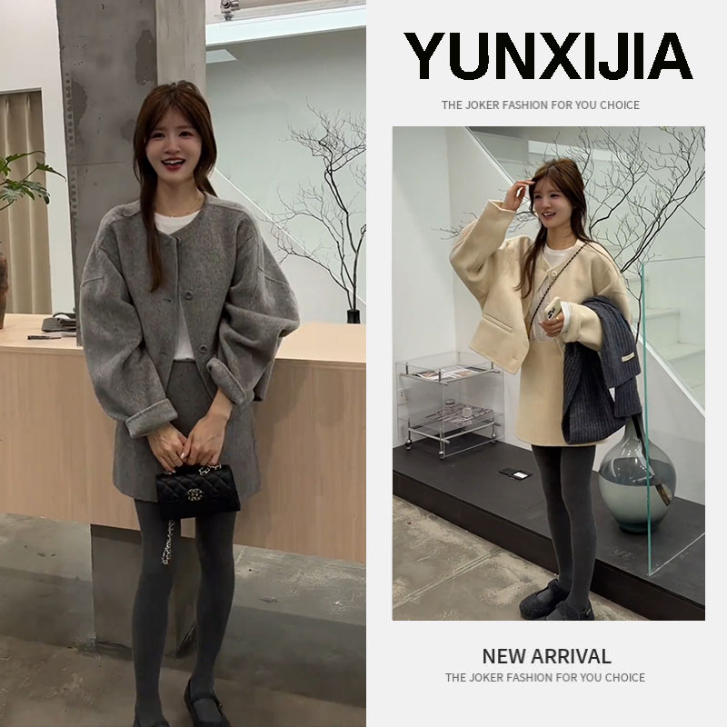 流行一整套2025秋季新款时尚慵懒风宽松气质短款外套短裙两件套
