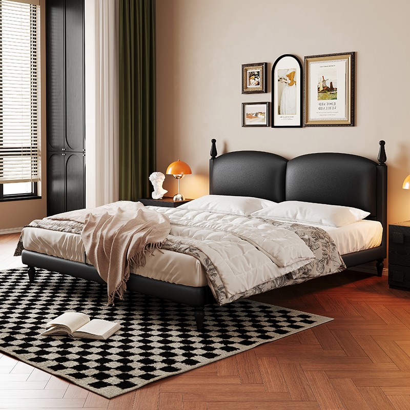 法式复古真皮床主卧室现代简约家用黑色齐边软包轻奢实木双人床