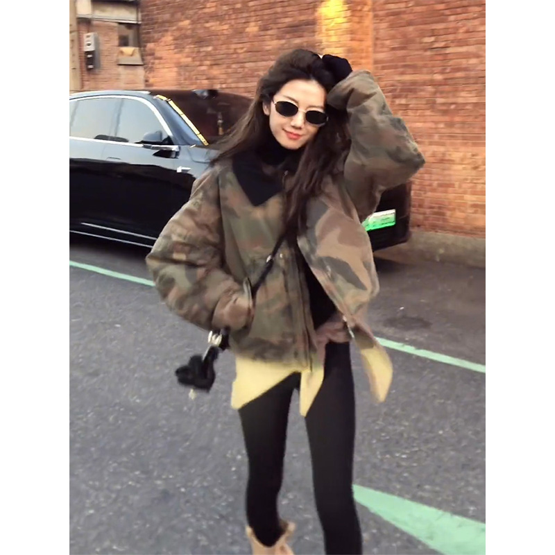 MARIE.COCO冬季减龄洋气百搭翻领棉服外套女时尚宽松显瘦迷彩棉衣