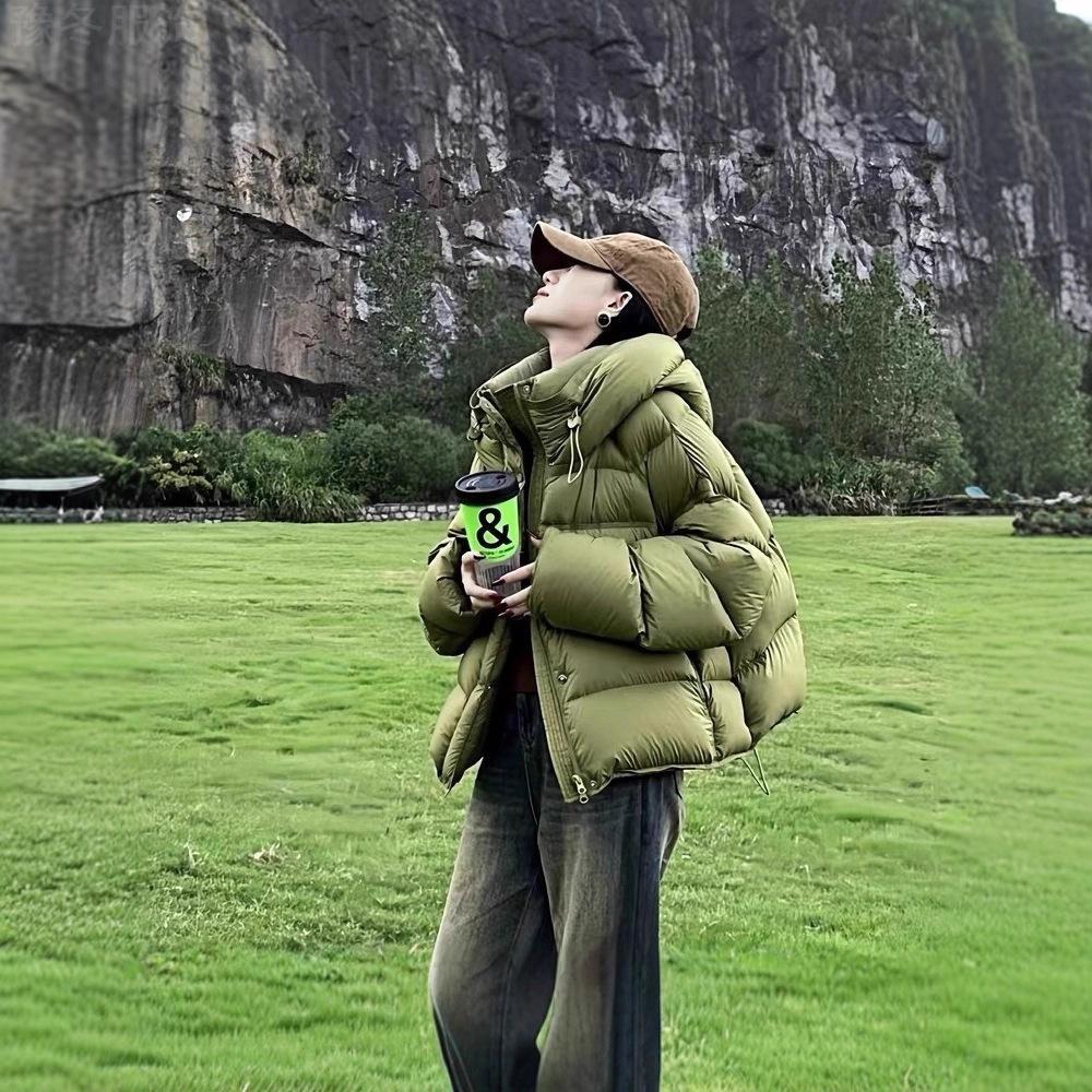 【豫冬】泡芙加厚绿色外套短款羽绒服女冬季新款莱姆绿棉袄连帽面