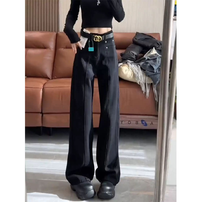 黑色高腰窄版加绒阔腿牛仔裤女2025年秋季新款百搭显瘦直筒拖地裤