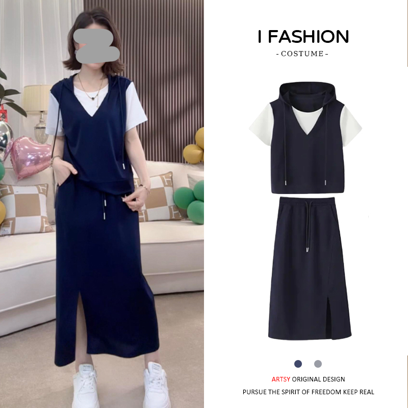 高含棉时尚百搭套装女2026年夏季爆款拼接遮肉上衣半身裙两件套潮