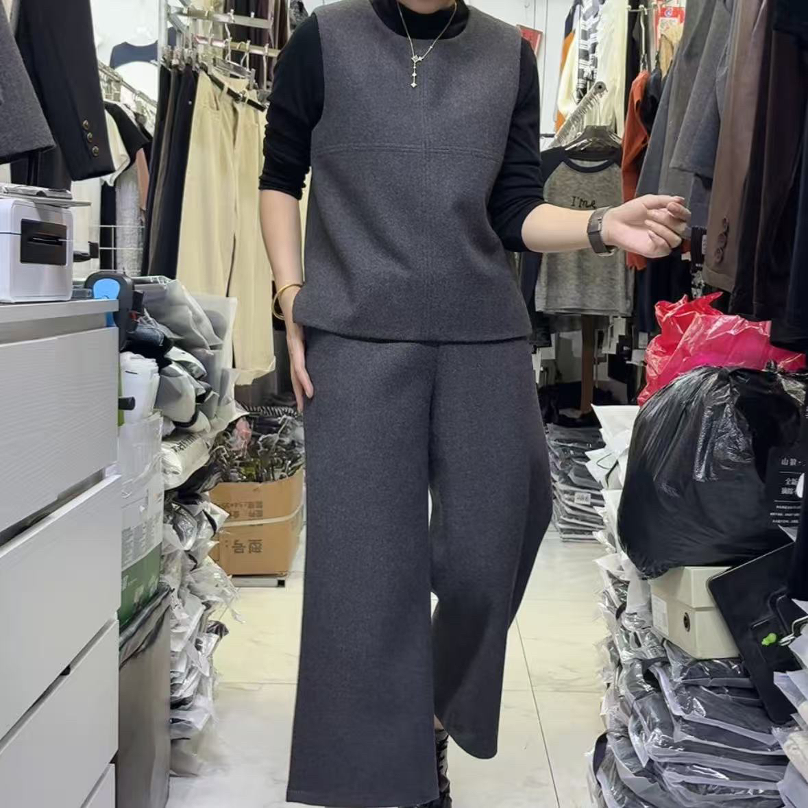 两件套 916款毛呢坎袖阔腿裤套装（卡码拍大）