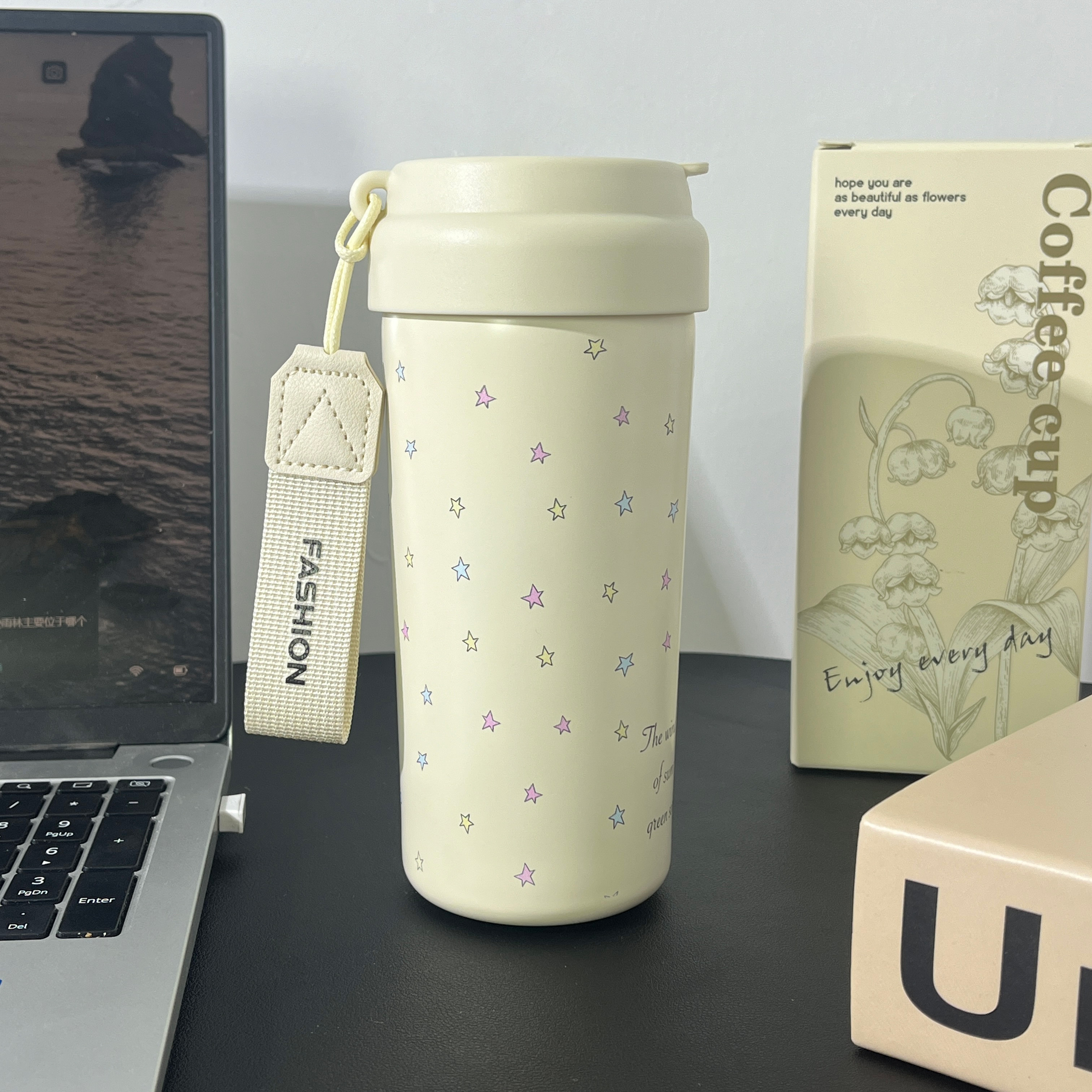 原创满天星保温杯陶瓷内胆女生水杯茶水分离水杯咖啡杯便捷提绳杯