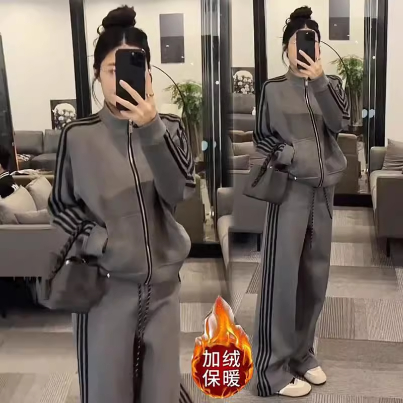 加绒加厚休闲运动套装女冬季新款洋气立领开衫外套阔腿裤两件套潮