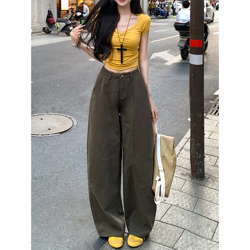 咖绿色复古弯刀阔腿裤女2025年秋季新款高腰宽松显瘦休闲拖地长裤