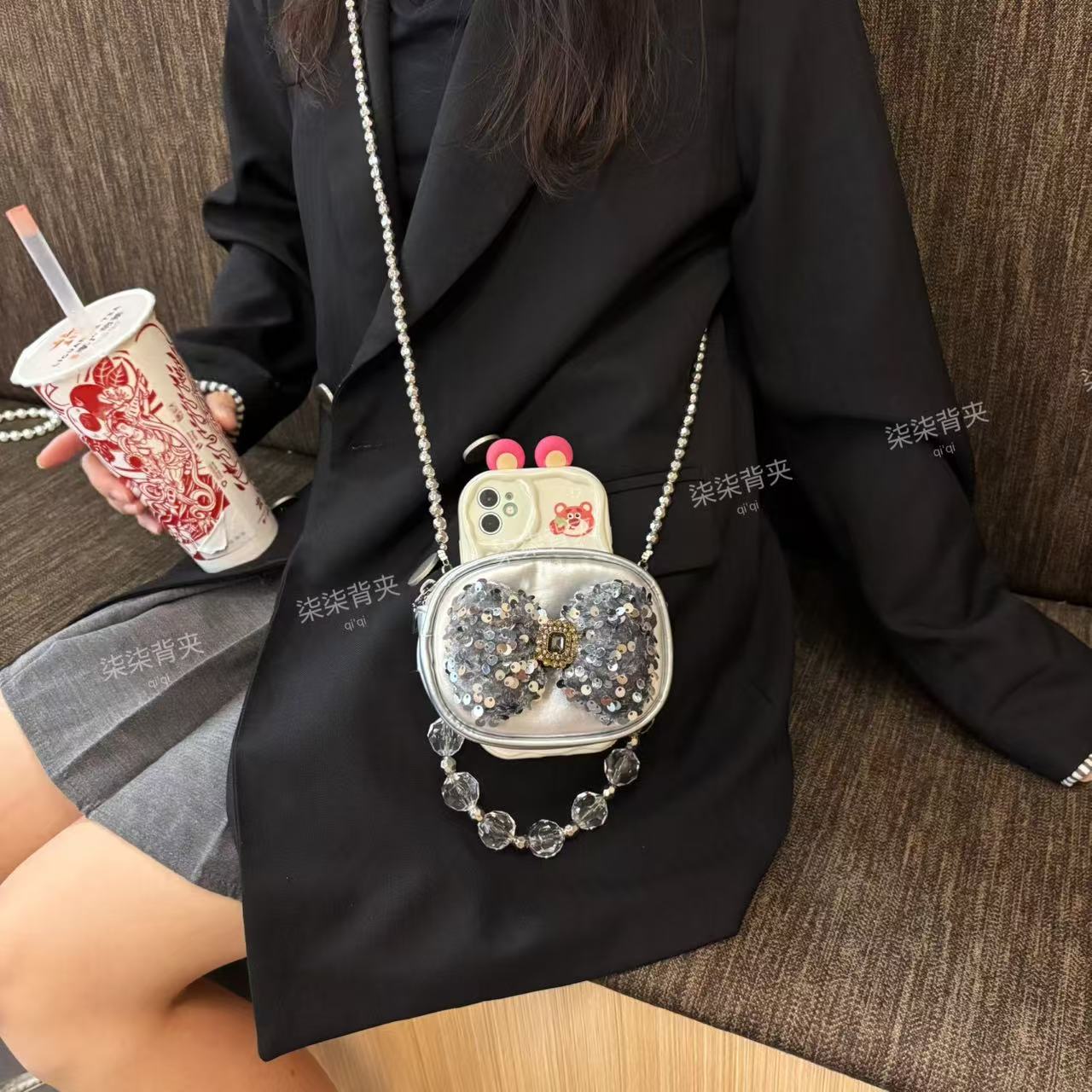 【零钱包-不含壳】闪闪蝴蝶结手机背夹时尚潮流通用型号