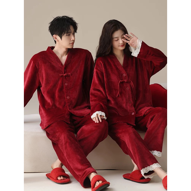 秋冬款新中式结婚情侣睡衣套装新婚红色法兰绒加厚加绒男女家居服