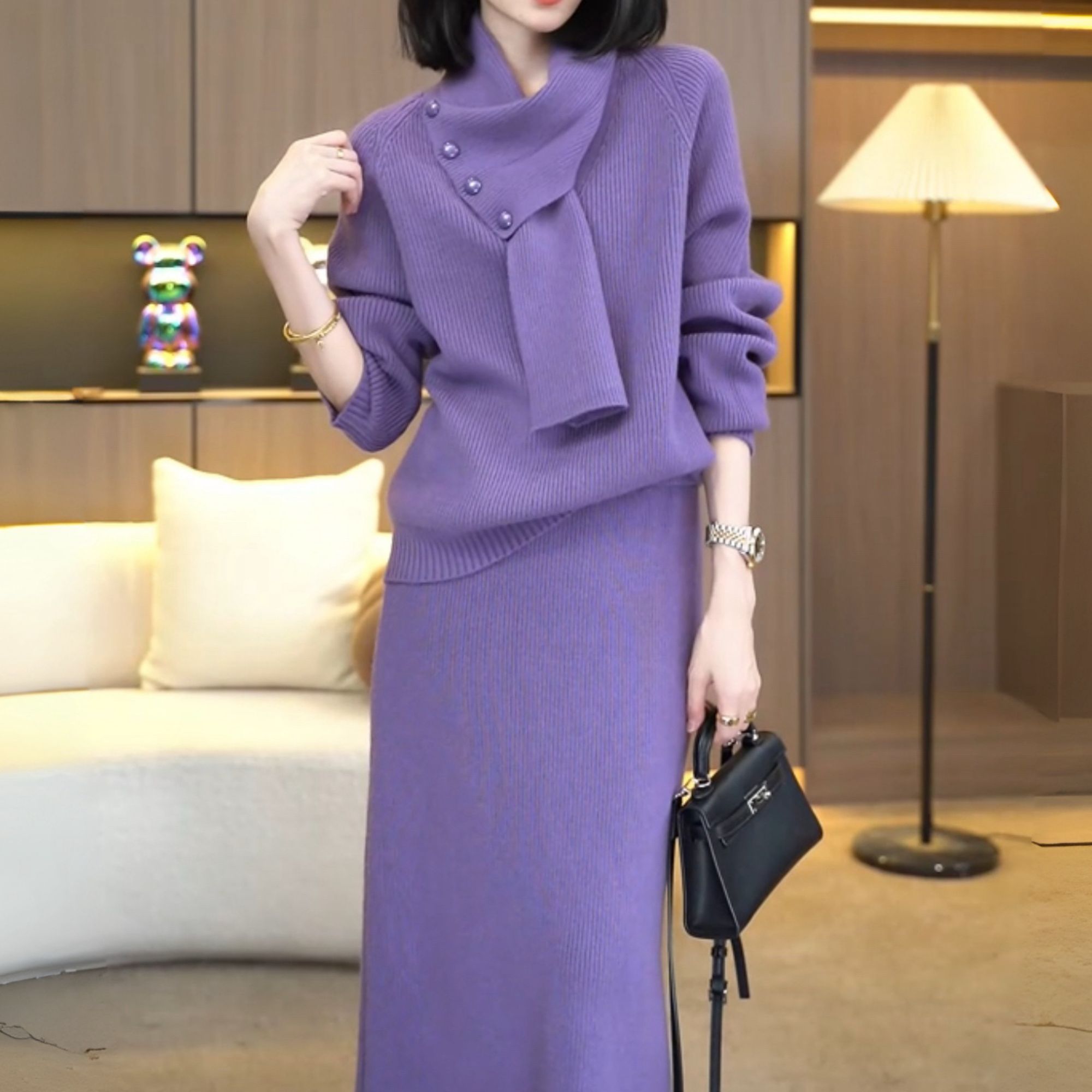 轻奢风秋冬新款高级感配围巾宽松显瘦一整套洋气毛衣裙子女两件套