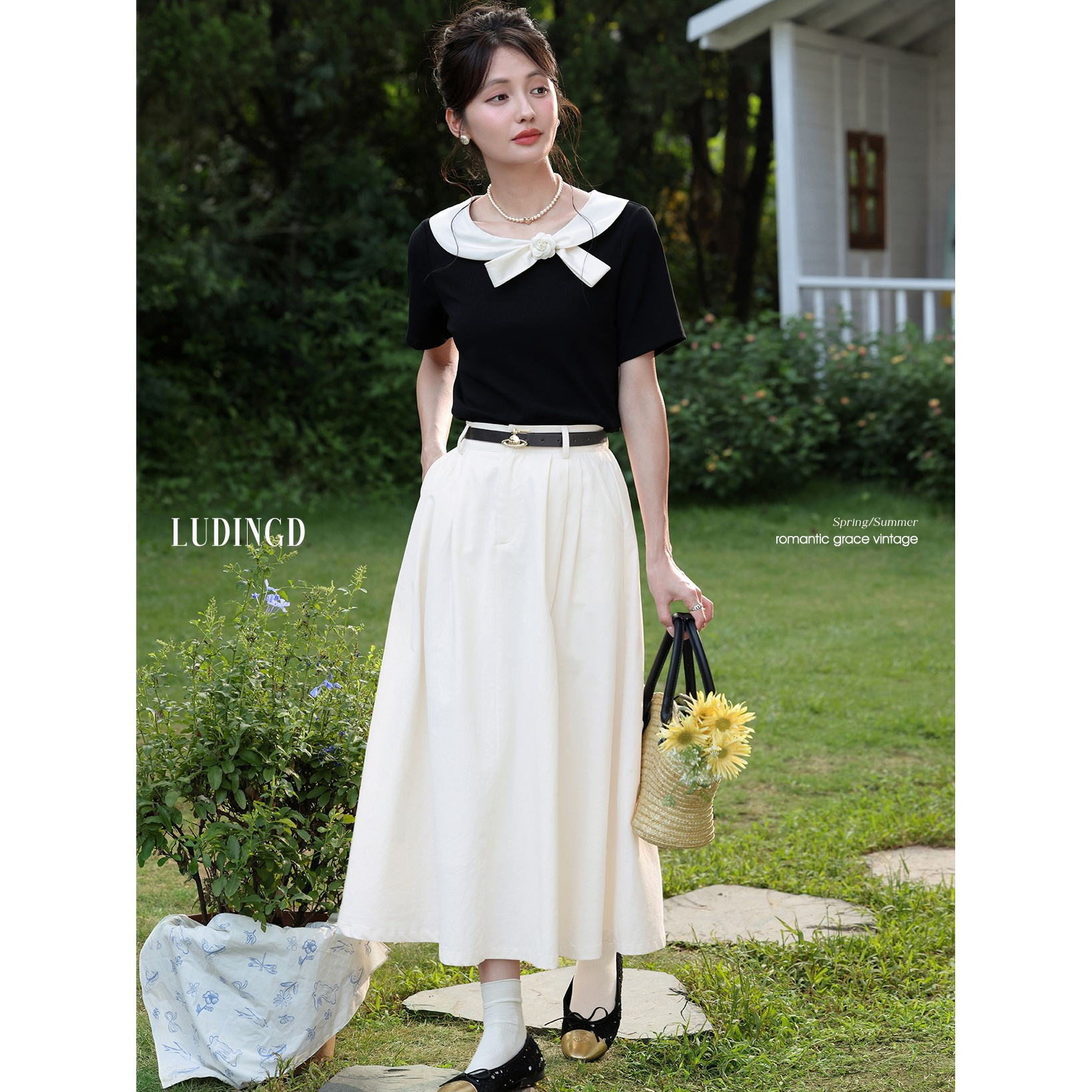 韩系高级感黑色娃娃领正肩短袖T恤女夏季巨显瘦上衣