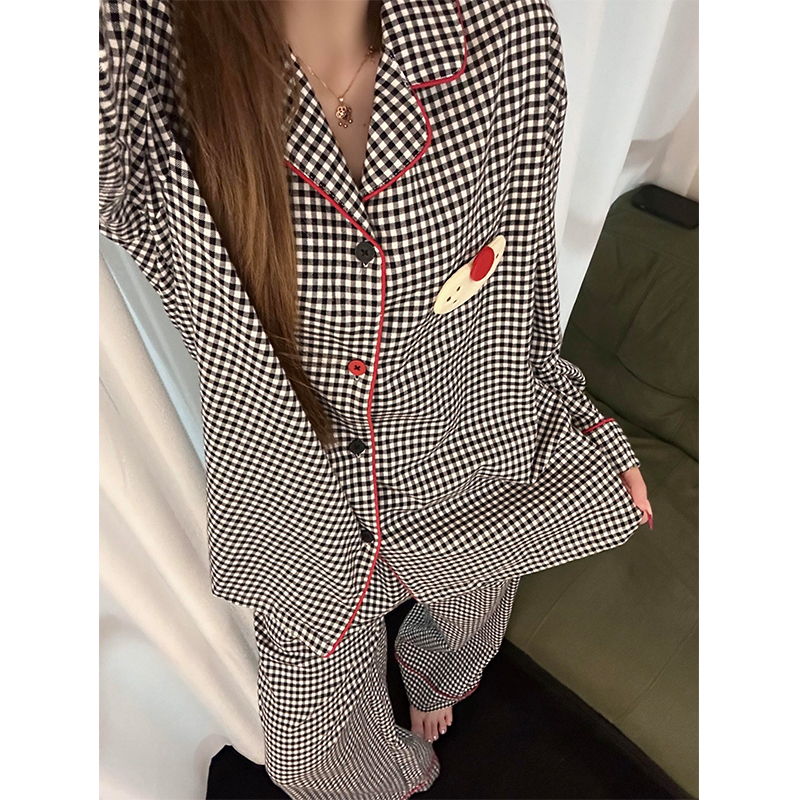 韩系休闲甜美格纹酷猫睡衣女秋季爆款长袖长裤可外穿家居服两件套