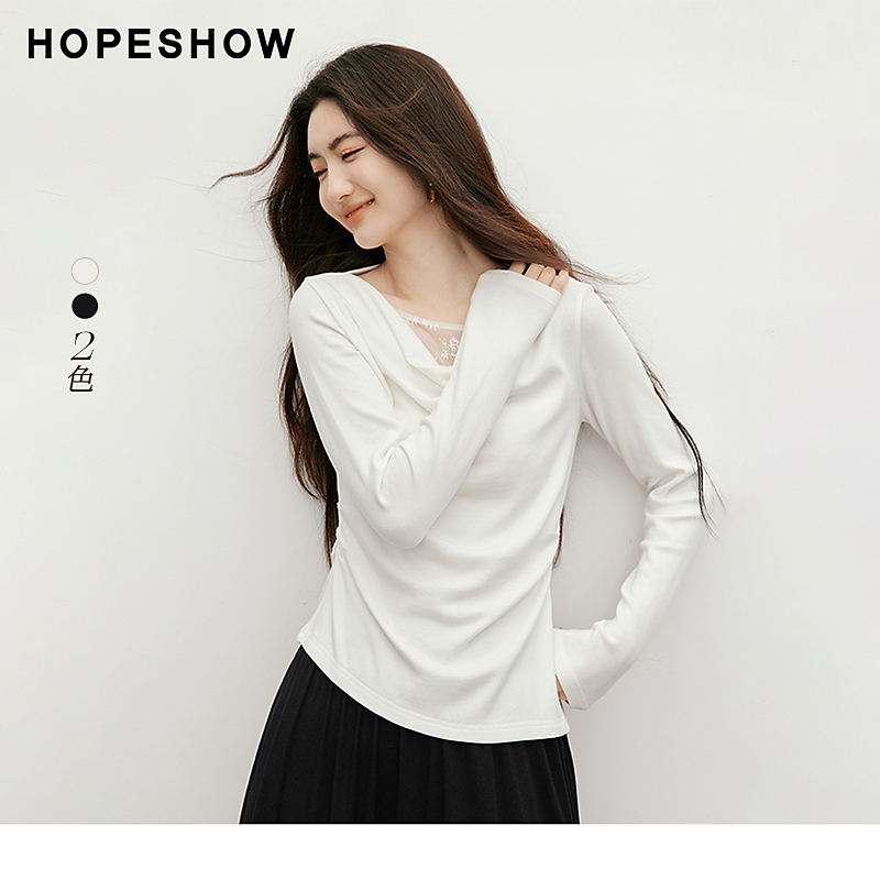 红袖2025秋新款女装 蕾丝拼接捏褶开叉荡领套头短上衣90225280208