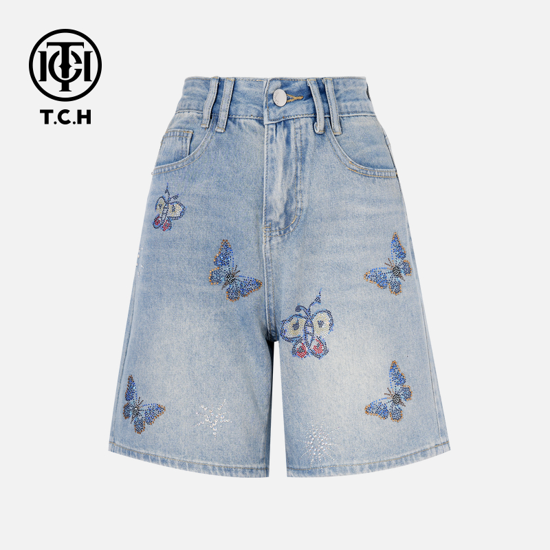 TCH私服烫工艺时尚休闲百搭气质牛仔短裤女T75C21E1007轻奢tch