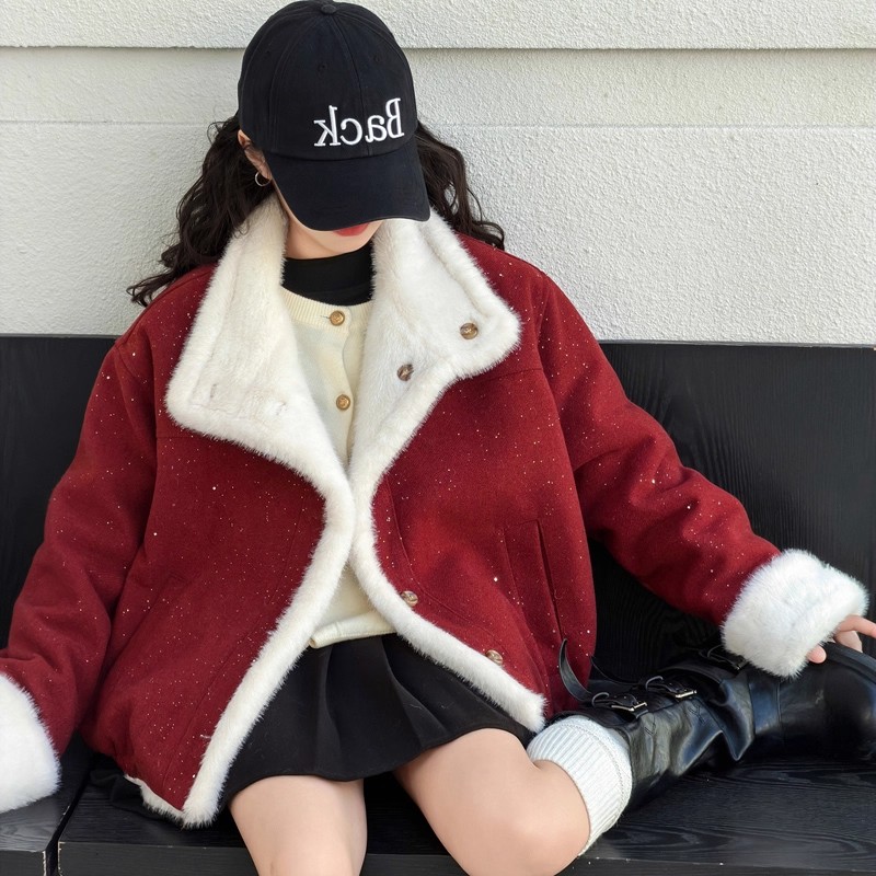 女童红色两面穿外套冬季加绒加厚2025新款儿童本命年大童新年衣服