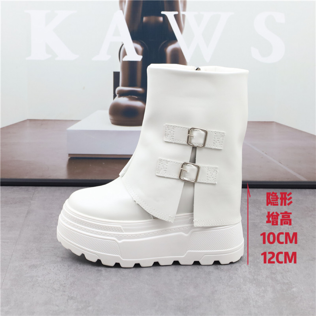 内增高12CM厚底松糕短靴女秋冬新款皮带扣裤管靴小个子10cm马丁靴