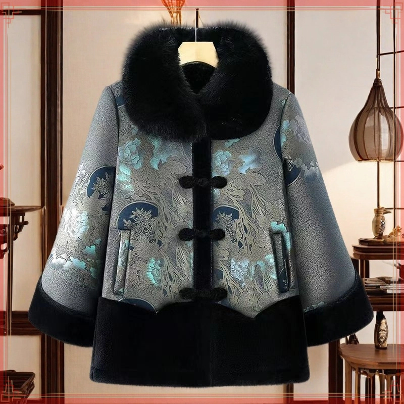 奶奶冬装中老年人加绒加厚大衣女妈妈大花衣服老太太一体绒外套