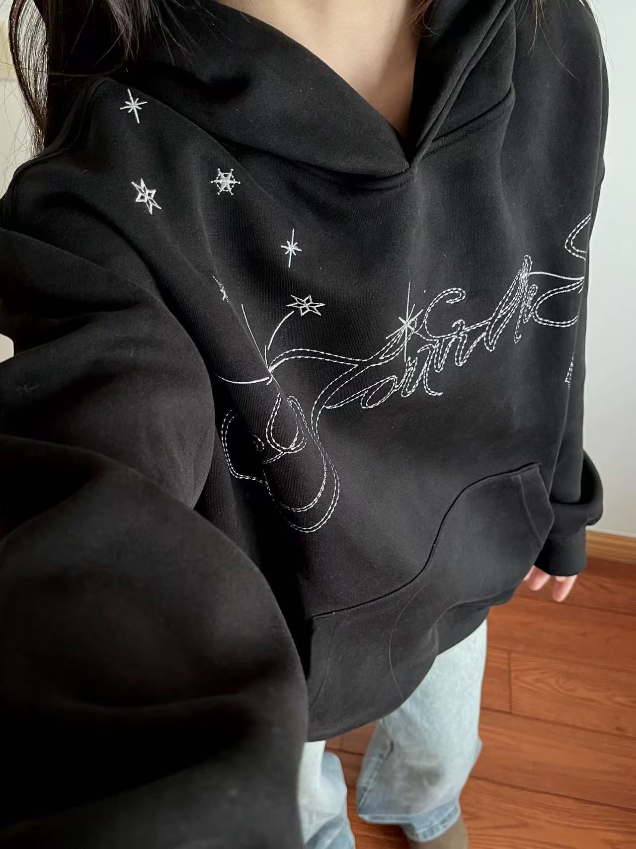 美式高街五角星银线刺绣连帽卫衣女2025新款设计感小众慵懒风外套