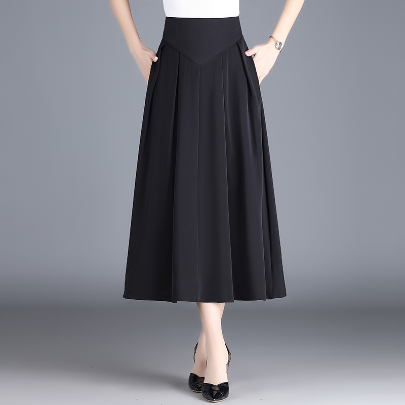 收腰大摆黑色半身裙女夏2025年新款高腰裙子显瘦中长款a字百褶裙