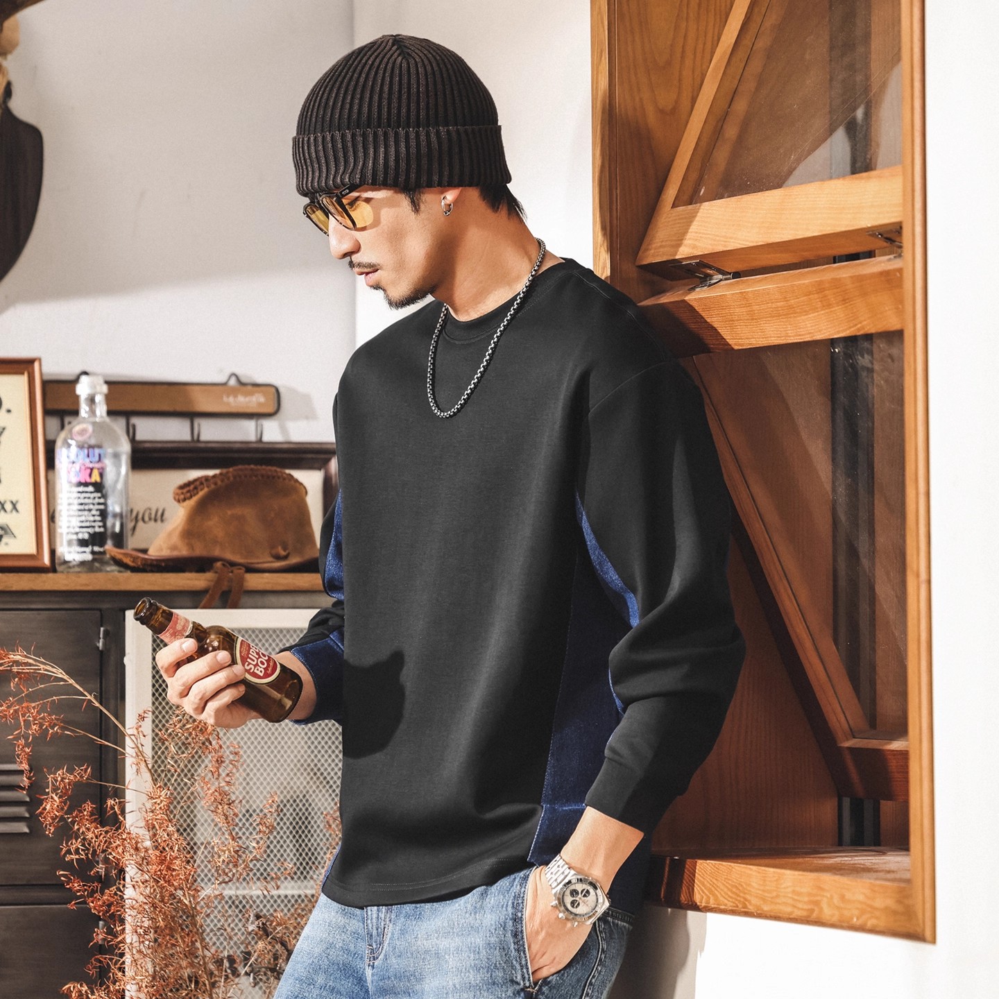 莱赛尔空气层重磅卫衣男秋季新款美式复古宽松休闲大码男士上衣服