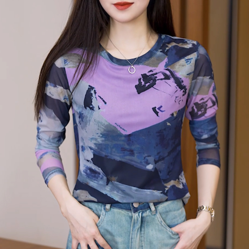 2025新款水墨印花网纱打底衫女长袖气质减龄小衫修身百搭洋气上衣