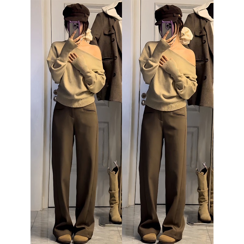 黑色西装裤女秋冬加绒加厚设计感高腰宽松垂感休闲裤阔腿裤拖地裤