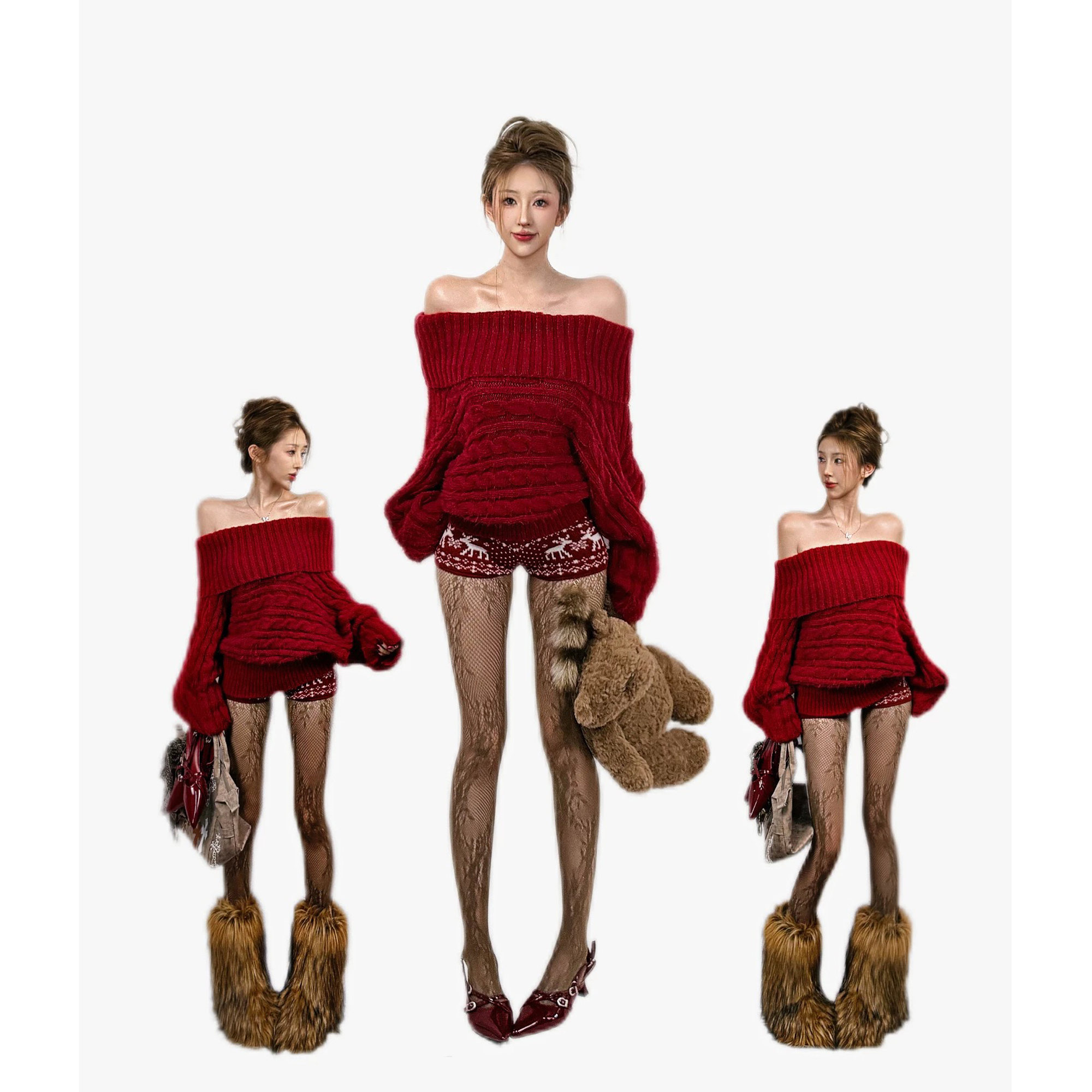 新年来信 新年红秋冬新款慵懒风一字肩费尔岛毛衣