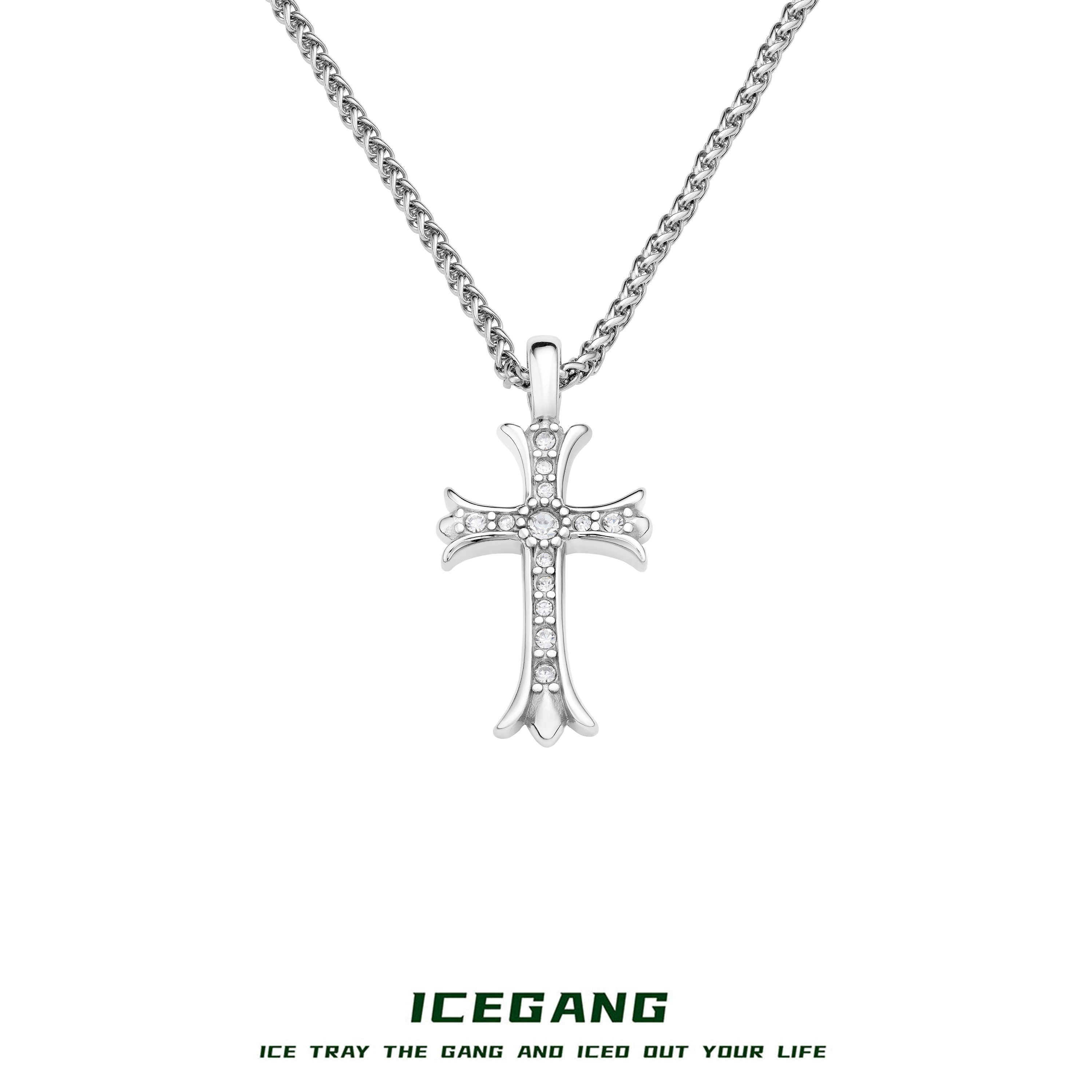 ICEGANG 钛钢吊坠  钛钢满钻复古十字架吊坠项链双面佩戴不掉色
