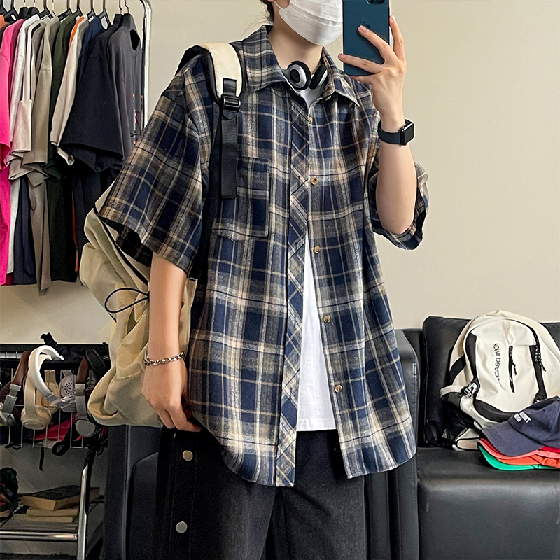 军格美式潮牌衬衣男装短袖衬衫落肩袖休闲复古港风格子衬衫上衣