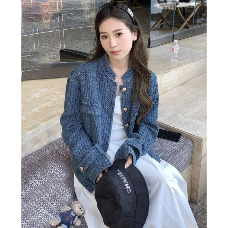 韩系复古老钱调蓝色单排扣开衫上衣女2025秋季休闲气质小香风外套