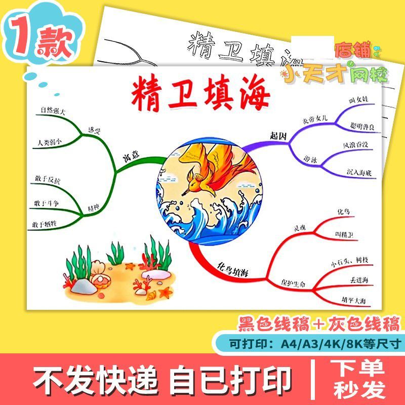 中国古代神话故事精卫填海读书卡思维导图黑白线描涂色手抄报t740