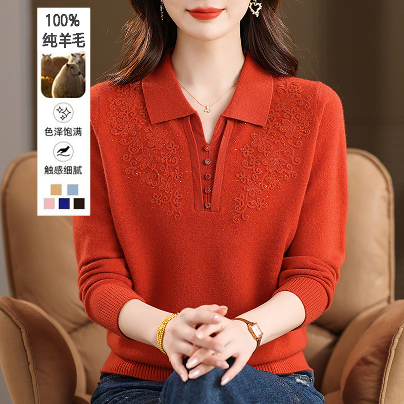 100%纯羊毛打底衫中老年女装毛衣秋冬翻领妈妈装全毛针织小衫宽松