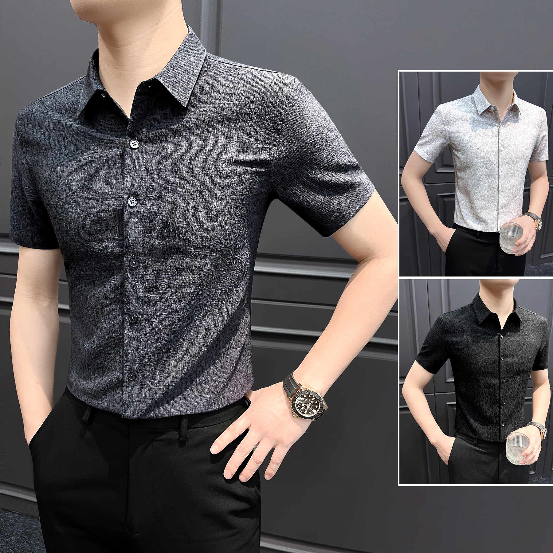 褶皱短袖衬衫男款爆款2025新款秋季痞帅男装高级商务休闲男士衬衣