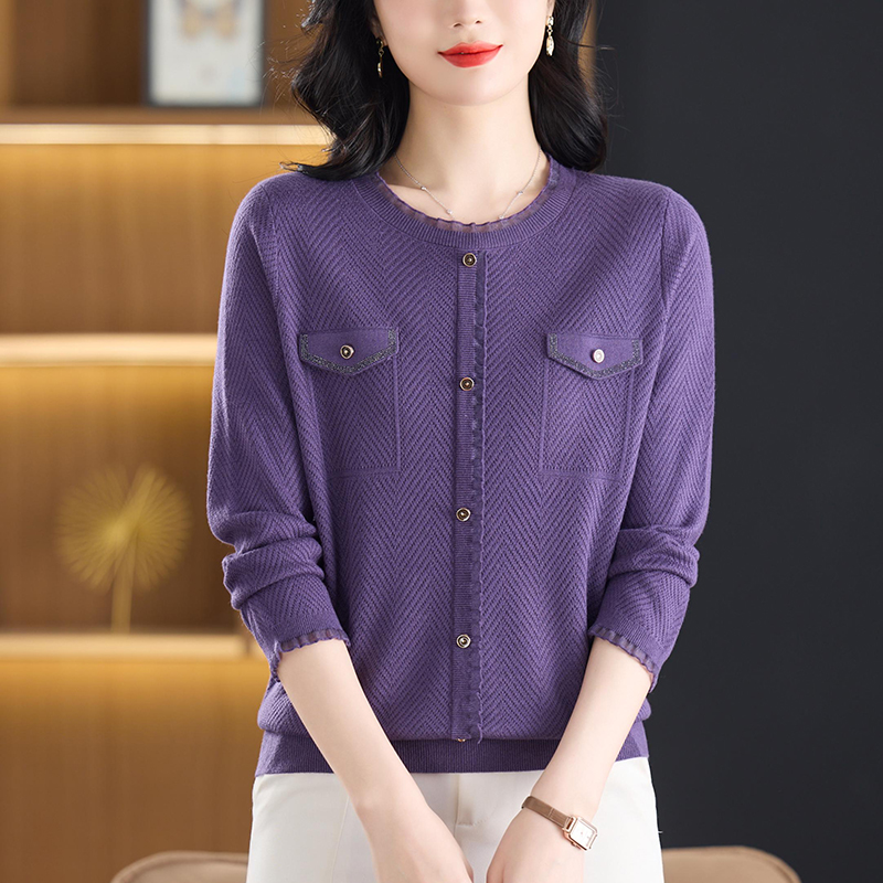 蕾丝圆领毛衣女春秋季新款气质减龄小香风上衣短款大码妈妈打底衫