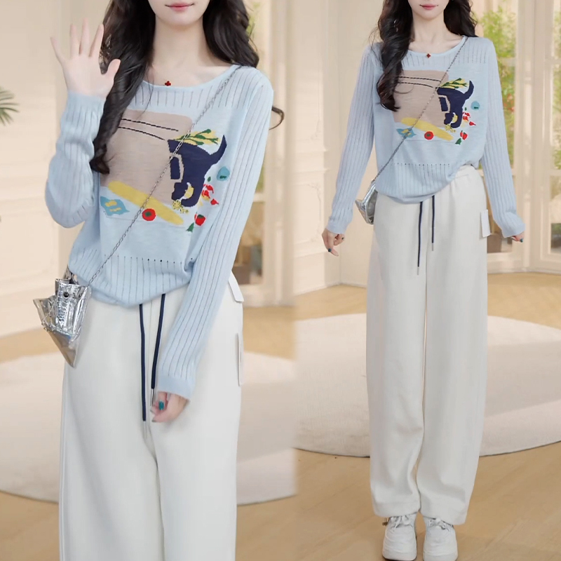 韩系慵懒风休闲套装女2025春秋新款镂空长袖针织t恤阔腿裤两件套