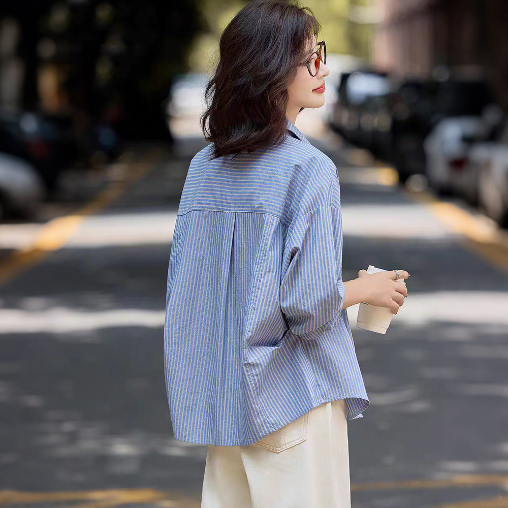 秋季新款蓝色条纹纯棉polo领长袖衬衫女宽松休闲通勤衬衣外穿上衣