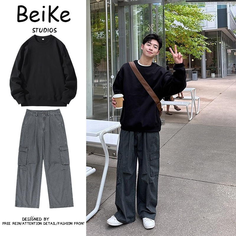 两件装/重磅纯棉320g基础圆领卫衣男生春秋季男套头长袖内搭宽松