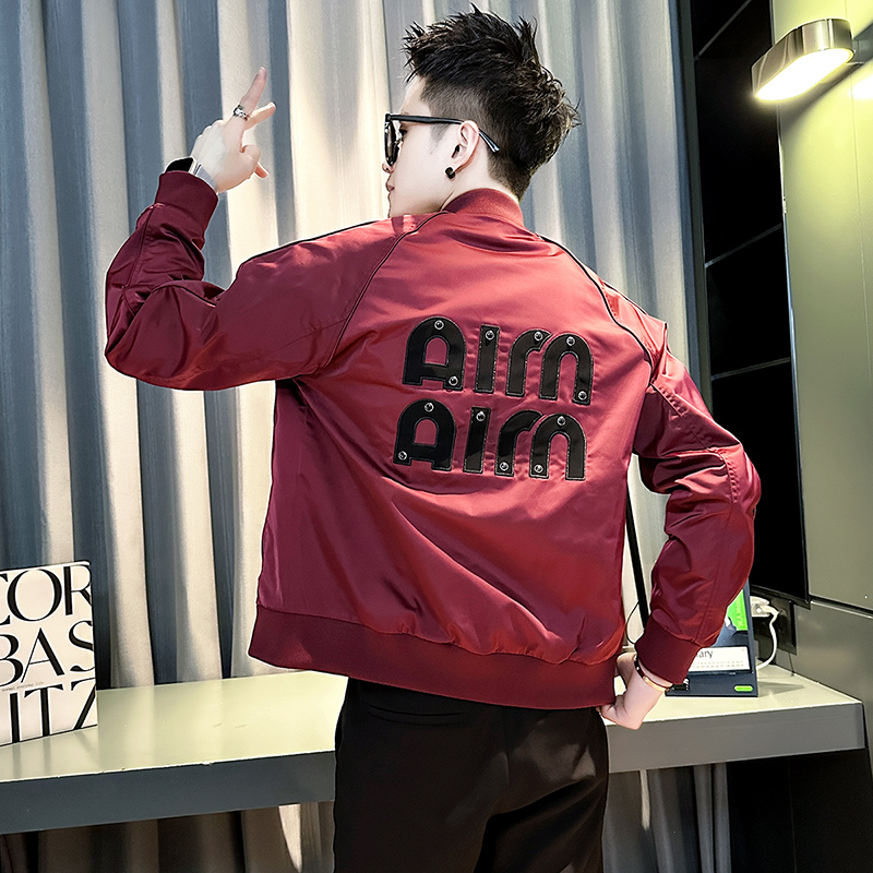 安哥拉红色夹克男款潮牌痞帅短款棒球领男装春秋季百搭修身外套男