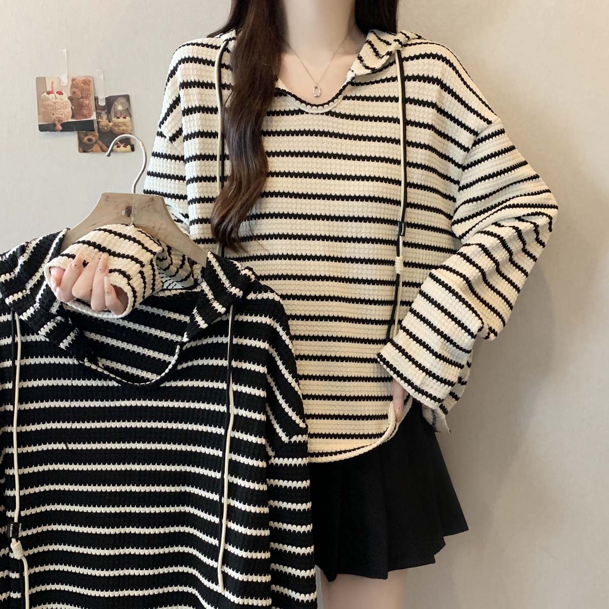 2025秋季新款连帽条纹V领百搭卫衣女大码胖mm宽松显瘦遮肉单上衣