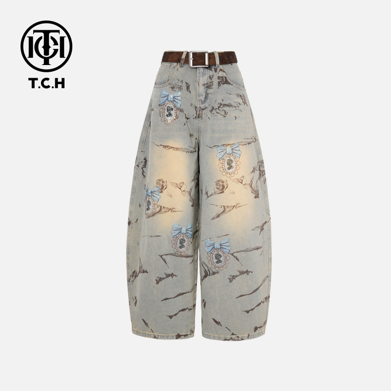 TCH秋款烫钻新时尚淑女百搭阔腿新潮流牛仔裤T75C20E5028轻奢tch