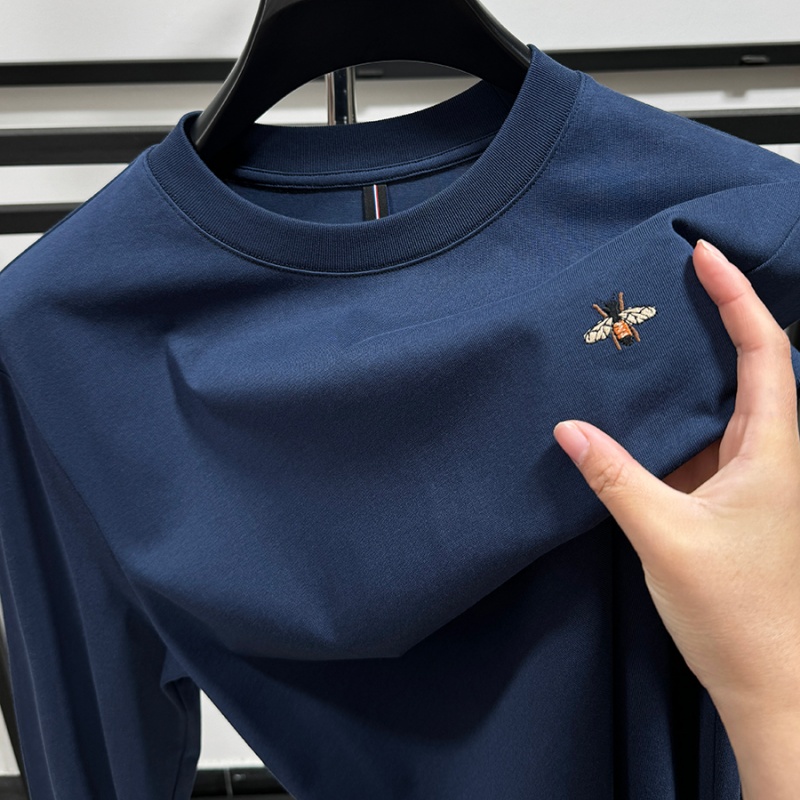 CATIA SELI2025新款全棉长袖t恤男士蜜蜂刺绣圆领100%纯棉打底衫