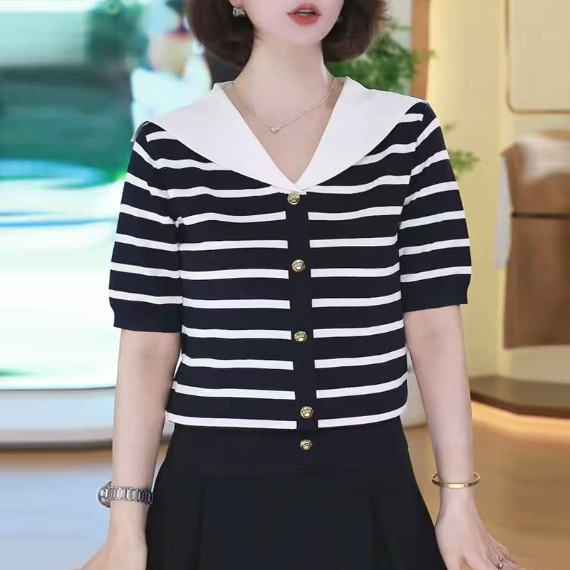 海军领条纹针织衫女短袖T恤V领夏季薄款宽松显瘦百搭时尚短款上衣