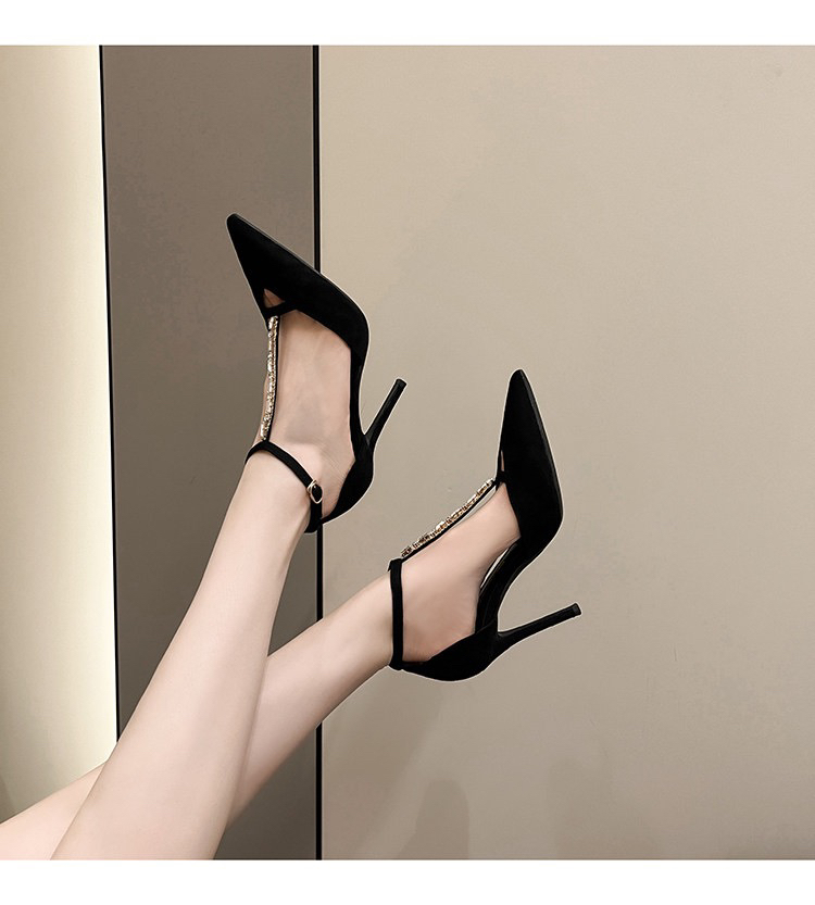 黑色高跟鞋女2025年新款夏季性感浅口水钻尖头高级感气质包头凉鞋