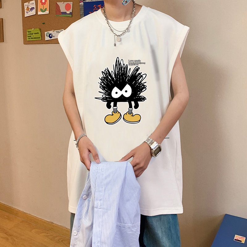 美式复古纯棉背心t恤男女潮流卡通宽松大码运动坎肩无袖上衣情侣