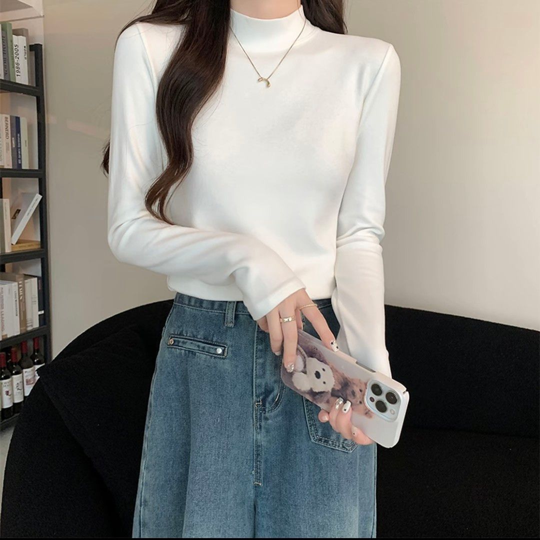 双面磨毛德绒打底衫女秋冬半高领长袖保暖上衣修身百搭气质ins