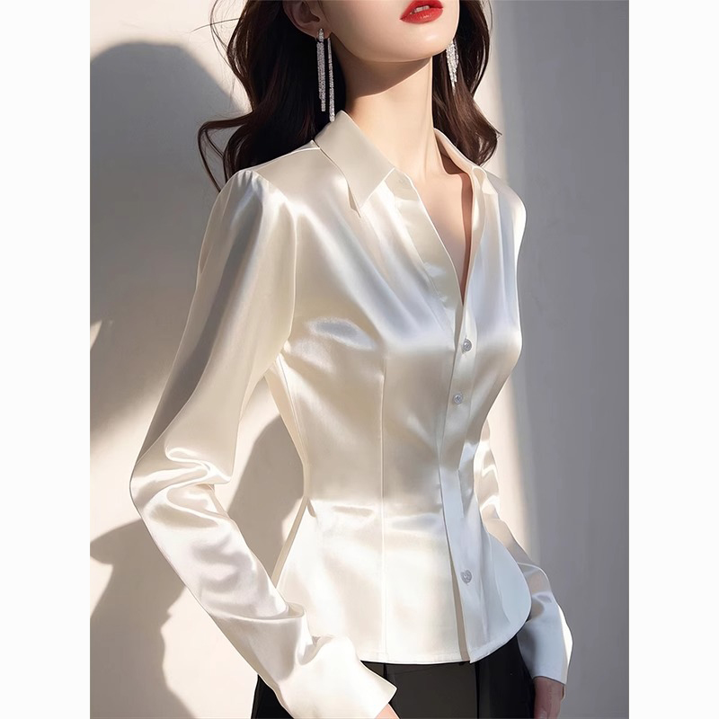 2025春季新款洋气小众独特别致漂亮百搭白色醋酸缎面掐腰衬衫女装