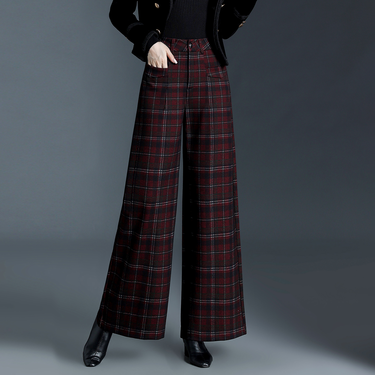 毛呢大格子阔腿裤女秋冬季2025年新款显瘦遮胯高腰宽松直筒休闲裤