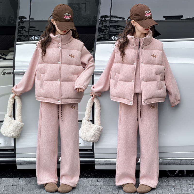 女童加绒加厚套装秋冬装2025新款韩版洋气女孩休闲马甲卫衣三件套